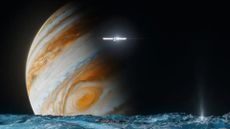 An illustration of a small spacecraft above an icy surface, with a large Jupiter visible in the background