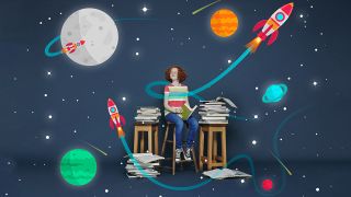 Girl reading books in front of a cartoon space scene