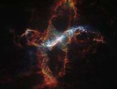 A nebula with rainbow swirls that make a plus-sign shape