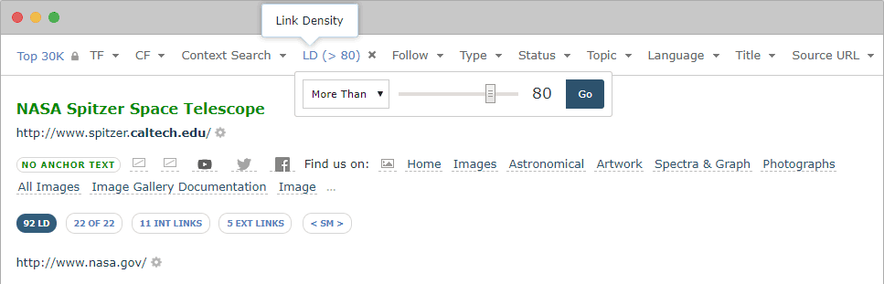 Link Density Filter in Majestic Link Context
