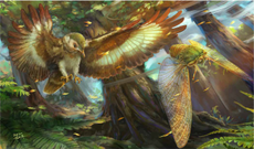 An illustration of a bird flying after a giant cicada 